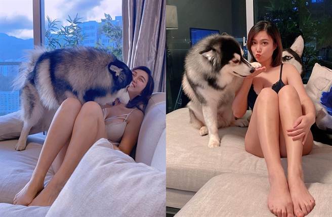 白云穿黑、白内衣跟爱犬合照。（图／翻摄自snowybai IG）