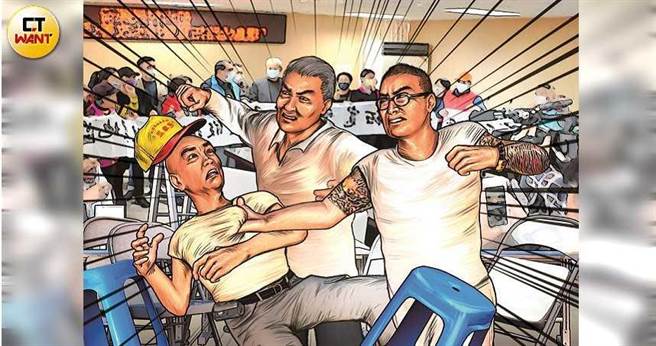 民进党彰化县党部评委召集人洪世延与联络处前主任洪国男为父子，但两人在地方上行为恶劣，甚至当眾联手痛殴黄姓养鸡农。（图／本刊绘图组）