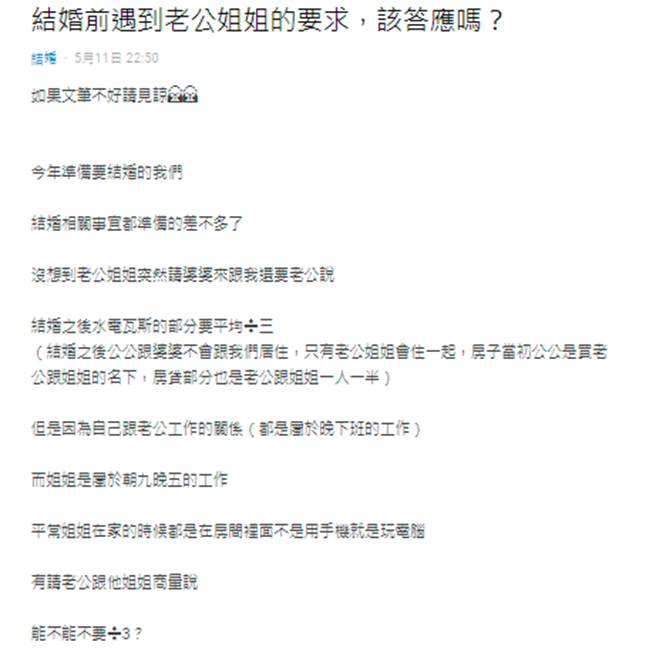 有人妻贴文抱怨，称老公姐姐要求婚后同住得均分水电费，直言婆家根本把她当外人。（示意图／Shutterstock）
