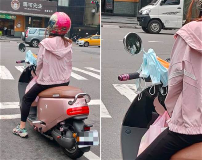 有女骑士在机车上挂满口罩，意外引发网友论战。（图／脸书_路上观察学院）