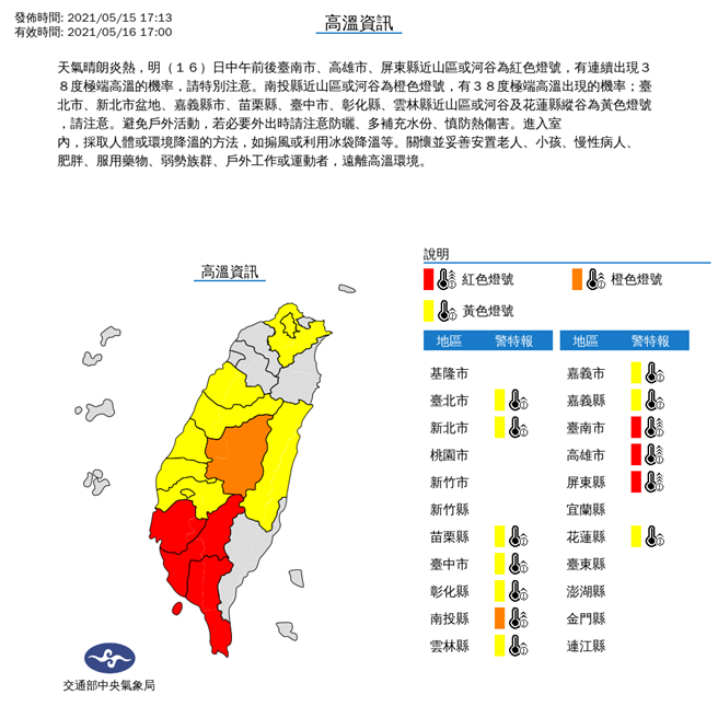 明各地仍普遍高溫炎熱，中央氣象局針對15縣市發布高溫警訊。（氣象局提供）