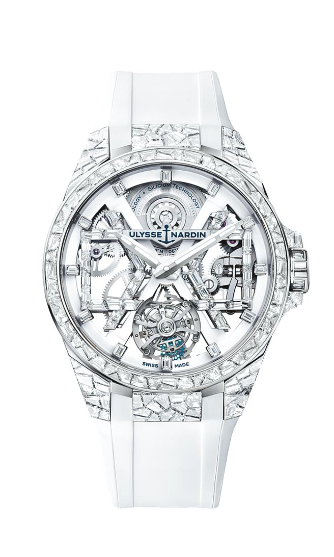 雅典Sparkling Blast陀飞轮钻表，钻石如千百片「裂冰」交错而成， 1355万4000元。（Ulysse Nardin提供）
