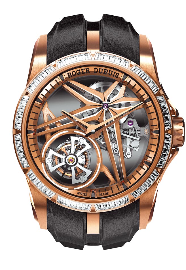 罗杰杜彼Excalibur王者系列玫瑰金镶钻Glow Me Up镂空飞行陀飞轮腕表，661万6000元。（Roger Dubuis提供）