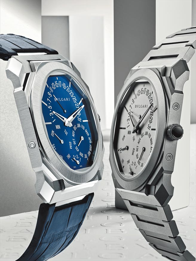 寶格麗超薄萬年曆腕表厚度僅5.8mm，打破最薄萬年曆的歷史紀錄，鈦金屬款174萬元，鉑金款261萬元。（寶格麗提供）