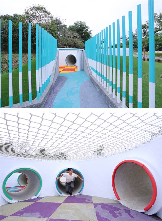 色彩缤纷的涵管迷宫，由下水道涵管衔接拼凑组成，让孩子们钻进钻出创意闯关。（摄影/Carter）