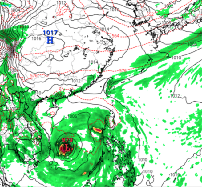 美國模式模擬亦顯示，有滯留鋒南下到台灣，但結構更弱，同時南海有熱帶擾動發展。(圖擷自tropical tidbits)