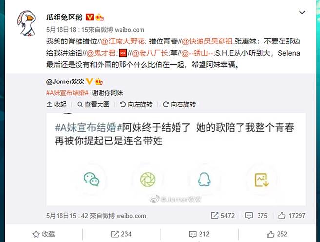 网友误传阿妹结婚。（图／翻摄自微博）