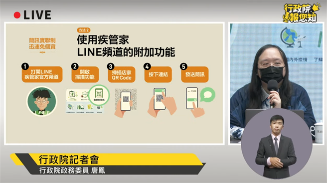 政委唐鳳說明簡訊實聯制三種方法，第二透過可透過LINE@疾管家帳號，實聯制掃碼功能掃描含店家碼的QR Code送出簡訊給1922。（摘自YouTube）
