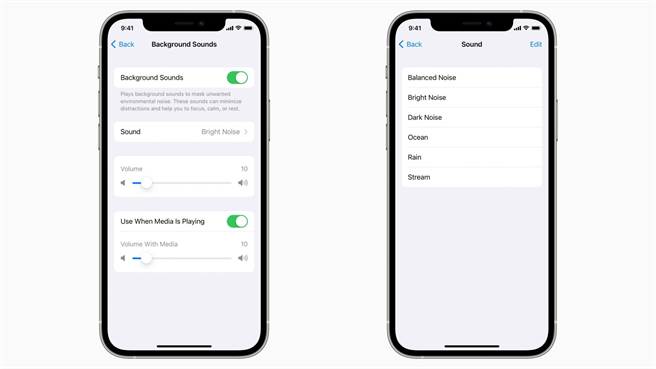 例如海浪聲、雨聲和溪流聲等背景音，有助於使用者將分心程度降到最低，集中注意力、保持冷靜或好好休息。（蘋果提供／黃慧雯台北傳真）