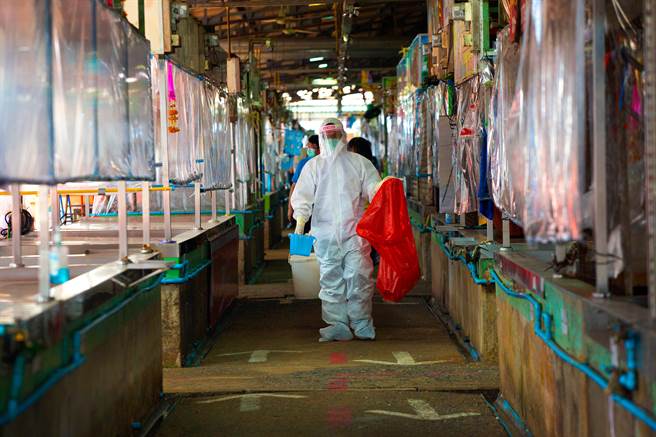 泰国一间菜市场爆发群聚感染，传染元凶已确定是该市场公厕的旋转门。图为泰国卫生人员在当地市场进行调查。（达志影像／Shutterstock）