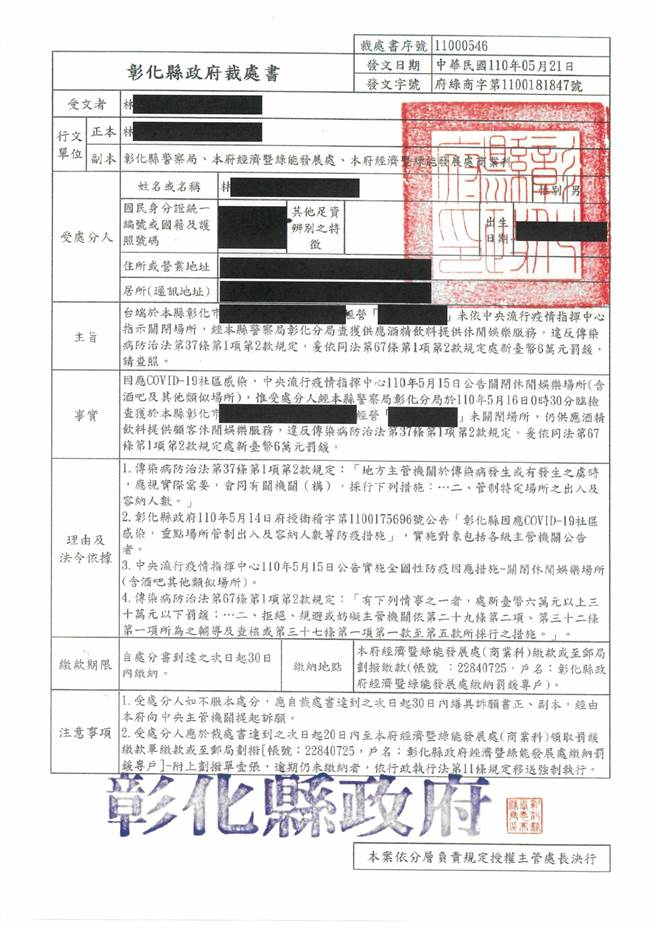 彰化县政府经绿处针对该违规PUB开出第一张6万元罚单。（彰化县政府提供／谢琼云彰化传真）