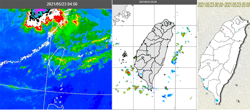 今晨觀測資料顯示，華南強對流消散後，仍有部分殘餘的高層雲，飄至台灣上空(左圖)：早上5時雷達回波圖顯示，台灣西南沿海有小胞狀回波(中圖)；5時累積雨量圖顯示，西南沿海有零星降雨(右圖)。

