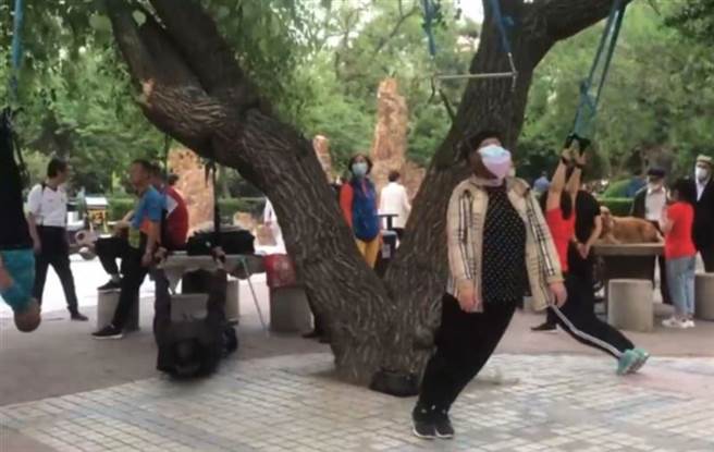 中国辽寧渖阳某公园树下有一群长辈在进行「吊脖式健身」，画面极其诡异。（图／沸点视频）