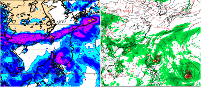 下周三（6月2日）20时欧、美模式皆在吕宋岛东方模拟岀热带扰动。欧洲模式仍模拟出完整的雨带(左图)，美国模式的雨带则已受到热带扰动破坏(右图)。(图撷自ECMWF&tropical tidbits)

