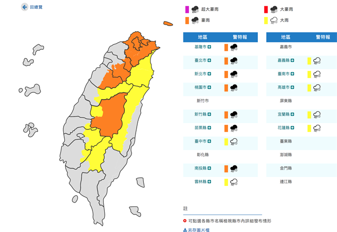 北北基、桃园市、新竹县、苗栗县、南投县7县市升级豪于特报。（翻摄自 气象局）