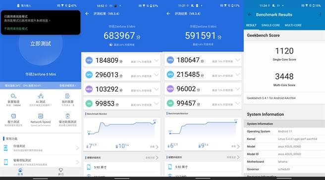 ZenFone 8的安兔兔跑分（高效能模式、動態效能模式）以及Geekbench 5跑分結果。（手幾截圖）