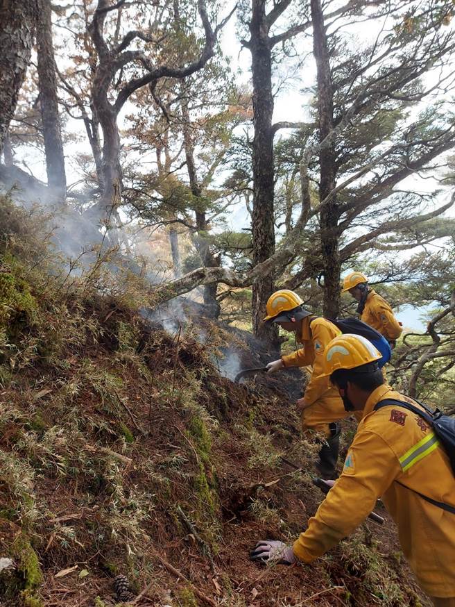 森林护管员25日至有火烟处处理残火，因地势坡度约60度，开挖腐植质层较耗时、耗力。（嘉义林管处提供／张亦惠嘉县传真）