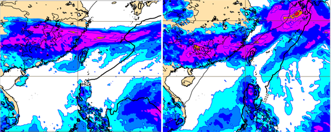 欧洲模式模拟，周六滞留锋在台湾北部近海，明显雨带接近(左图)；下周三滞留锋及明显雨带在台湾陆地(右图)，梅雨锋在北部海面至北部陆地一带南北徘徊5天。（图撷自ECMWF ）

