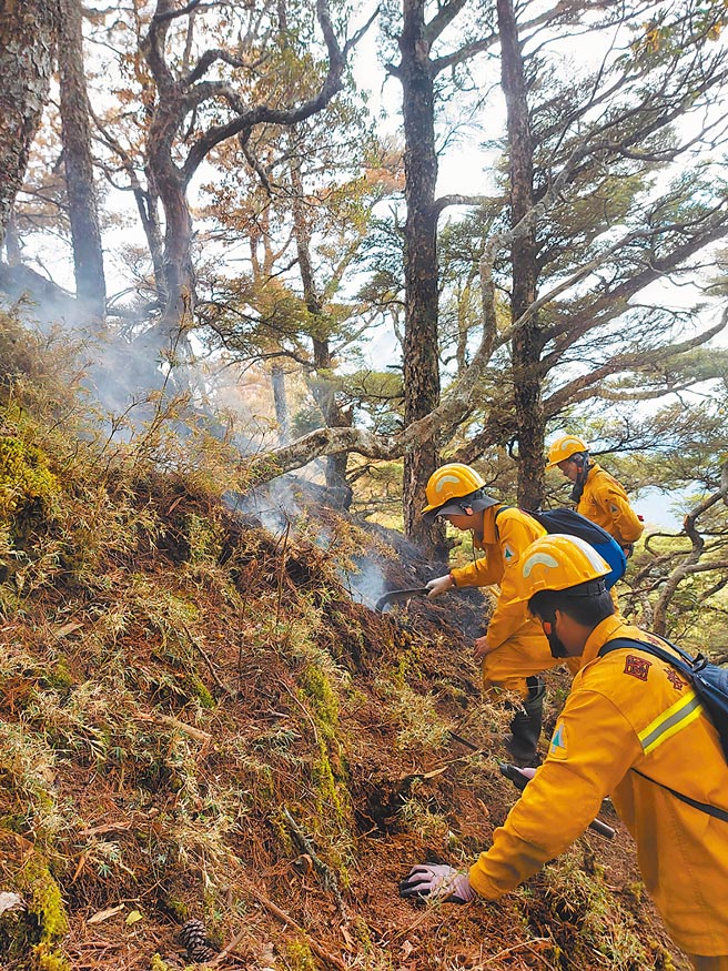 森林护管员25日至有火烟处处理残火，因地势坡度约60度，开挖腐植质层较耗时、耗力。（嘉义林管处提供／张亦惠嘉县传真）