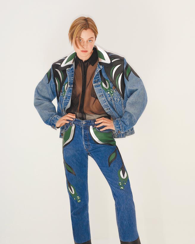 该系列用了上世纪80年代至90年代MADE IN USA的古董Levi’s牛仔裤、牛仔外套重制。（miu miu提供）