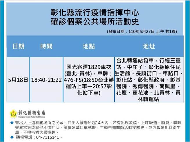 彰化县卫生局公布最新足迹。（彰化县卫生局提供／吴敏菁彰化传真）