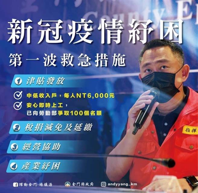 縣府說明，疫情嚴峻衝擊各行各業，各項防疫措施間接影響鄉親生活，第1階段以紓困為主，待疫情趨緩後，第2階段再推出振興產業經濟的方案。（縣府觀光處提供）