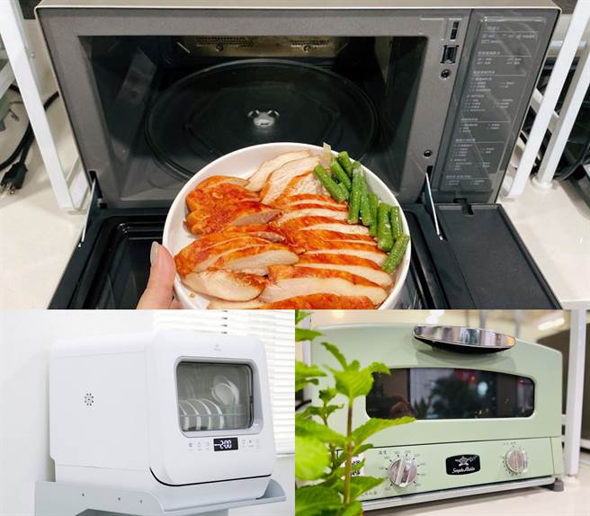 LG智慧變頻蒸烘烤微波爐(上）、五人份熱旋風洗碗機（下左）、阿拉丁烤箱搭配啤酒製泡機。（486團購網提供／黃慧雯台北傳真）
