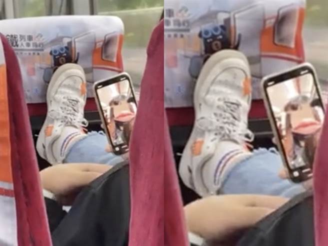1名网友日前在火车上看见1名年轻少女在座位摘下口罩玩起手机自拍，少女不但将鞋子踩在前方椅背上，还上传自拍照写自己是「防疫破口」。（图／翻摄自Dcard）