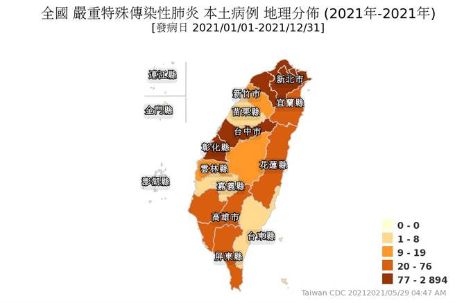 双北突破5000例，花莲县昨增9例，让地图警示灯号一夜变色，全台最新确诊地图。（图／翻摄自疾管署）