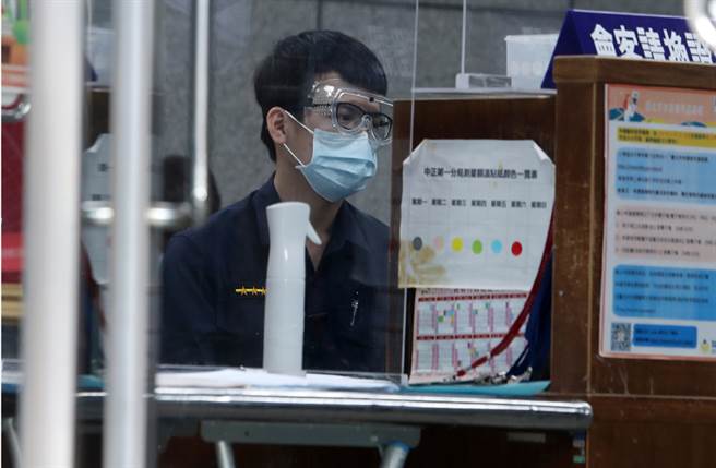 全台疫情严峻，第一线员警风险高，列为疫苗优先施打对象。图为警员戴着护目镜及口罩在值班台值勤。（中时资料照 刘宗龙摄）