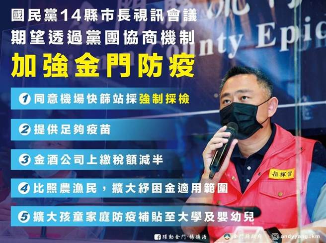 金门县长杨镇浯今天在国民党14县市长视讯会议中，针对立法院下周审议纾困4.0方案，再向中央「喊话」提出5大建言，希望中央协助乡亲和产业度过难关。（县府提供）