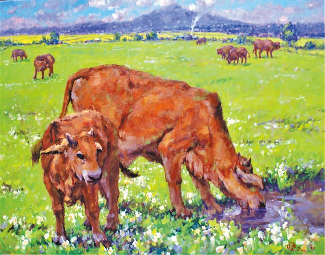 潘蓬彬，《牛寶寶長大了》，50F，油畫。（臺灣美術協會提供）