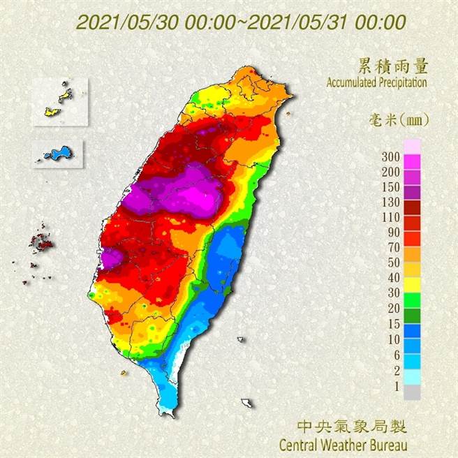 圖為5月30日的累積雨量，各地都有大量降雨。（翻攝自 氣象局）