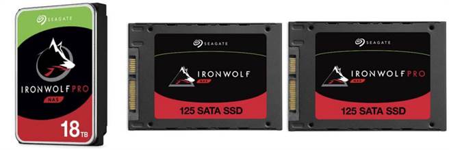 左起為IronWolf Pro 18TB HDD、IronWolf 125 SATA SSD、IronWolf Pro 125 SATA SSD。（希捷提供／黃慧雯台北傳真）