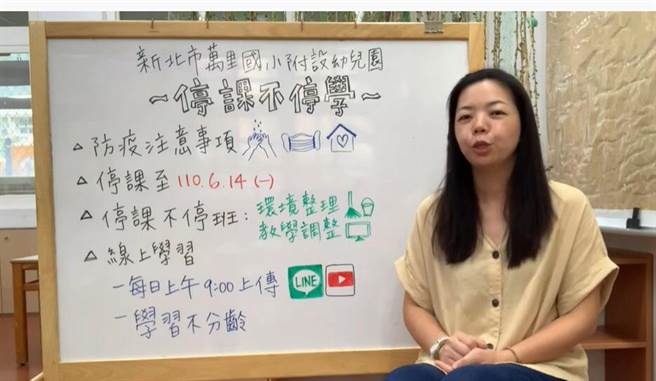 新北市万里国小附幼的老师们，今（31日）自发性针对课程拍摄教学影片，并透过「幼儿防疫线上教学频道」及LINE群组发送。（万里国小提供）