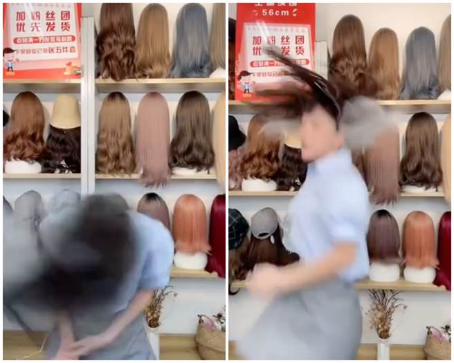 女直播主为测试假髮稳定性疯狂甩头。（图／微博＠奔波儿灞与灞波儿奔）