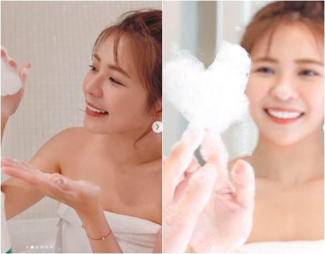 林萱瑜只圍上1條浴巾，露出雪白肌膚。（圖/林萱瑜IG@kininii)