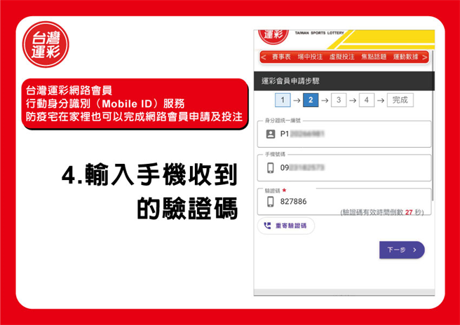 4.输入手机收到的验证码(台湾运彩提供)