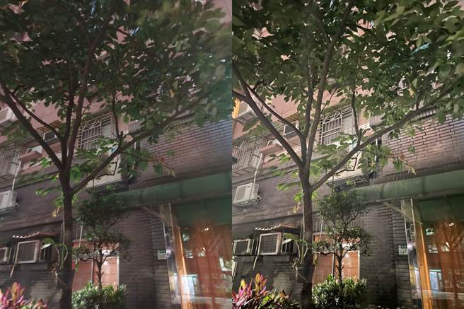 vivo V21 5G（左）与iPhone 12 Pro夜间对比照片（1）。（黄慧雯摄）
