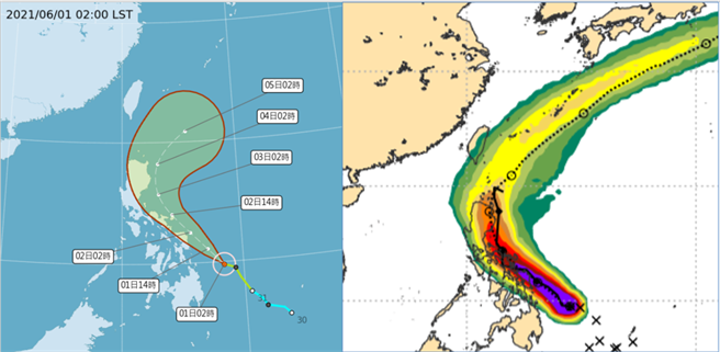 最新中央氣象局「路徑潛勢預測圖」(左圖)及最新歐洲(ECMWF)模式系集模擬(右圖)顯示，第3號颱風「彩雲」，大致在呂宋島附近北轉再轉東北，呈現大迴旋的路徑，週四(3日)起受呂宋島地形限制、又進入垂直風切大的環境，強度漸減弱，週五(4日)已減弱為熱帶低壓。（翻攝自氣象局、ECMWF ）

