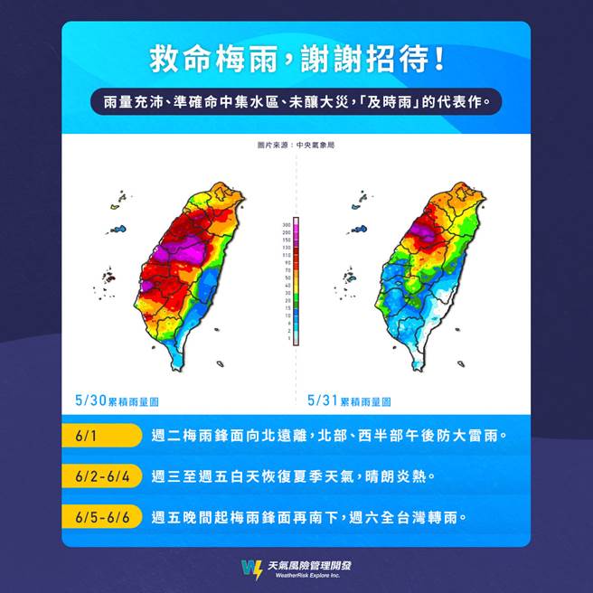 「天气风险Weatherrisk」也表示，这波滞留锋面雨是「及时雨」的代表作。(摘自天气风险脸书)
