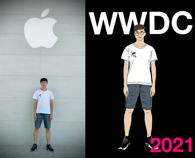 Swift Student Challenge 2021獲獎學生薛竣祐（左）與他的作品「Hello World」主頁。（薛竣祐提供）