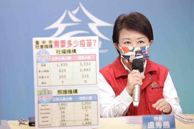 台中市長盧秀燕在6月2日中市流行疫情指揮中心記者會，再度向中央喊話，趕快再撥補疫苗，讓長照機構人員與住民都可以打到疫苗。（台中市政府提供）