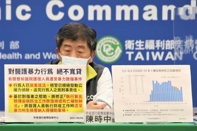 中央流行疫情指挥中心指挥官陈时中2日在疫情记者会中连续咳嗽，咳到一度说不出话。(图/指挥中心提供)