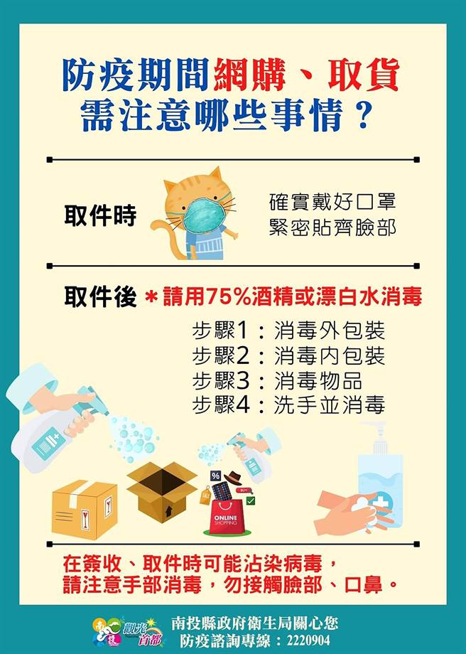南投县2日新增一名新冠肺炎确诊个案，由于该案9150为直播行销者，南投县卫生局提醒消费者，收到网购物品，要按照图卡开封步骤。（南投县府提供／黄国峰南投传真）