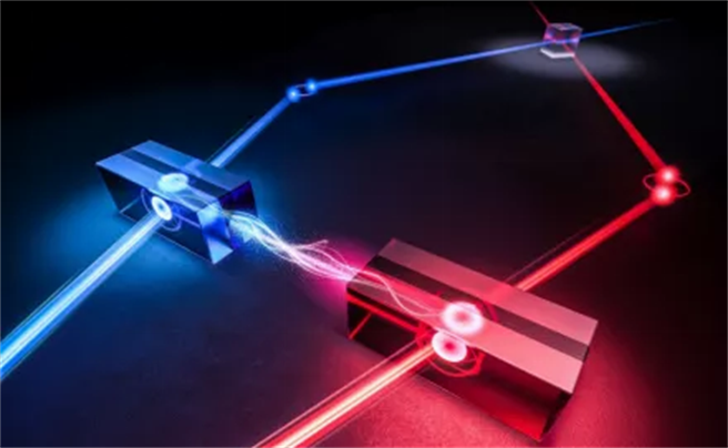 科学家们提出量子中继的思想，即将远距离传输划分为多个短距离，中间用量子中继连接，解决信号衰减问题。图为基于吸收型量子存储器实现量子中继的原理示意图。（图／中国科学技术大学提供）