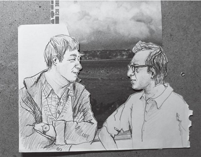 每年11月爸爸生日，我都会精心准备卡片送给他，为了纪念我和他的伍迪艾伦时光，2012那年我就画了让他和伍迪导演对谈的画面送给他。（时报出版提供）