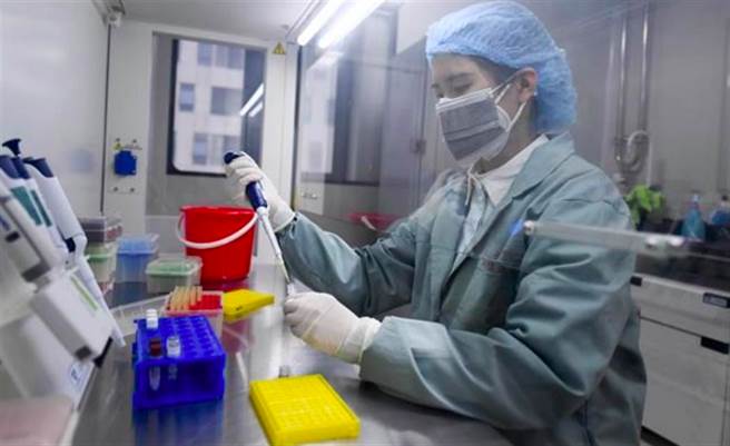 图为医务人员正在调配试剂。（中新社）