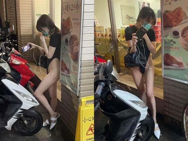 1名网友在台北市区街头发现，1名外型姣好的女子似乎为呼应近日连日下雨、水乡泽国惨况，竟穿着「高衩泳衣」站在路旁。（图／翻摄自脸书「爆废公社公开版」）