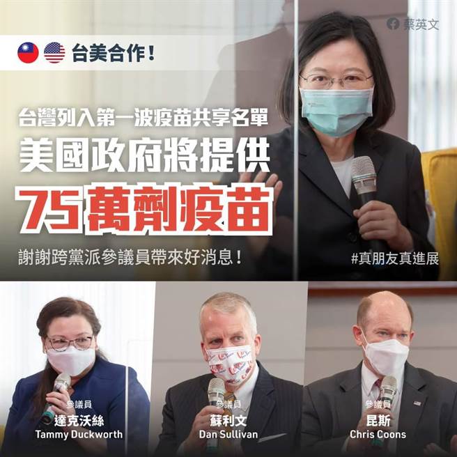 蔡英文总统今天接见美国参议员访问团，针对美国将提供75万剂疫苗给台湾。（取自蔡英文脸书）